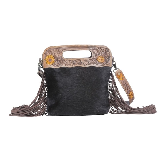 MYRA BAG BLACK VELVET COWHIDE HAND-TOOLED - Picture 6 of 9